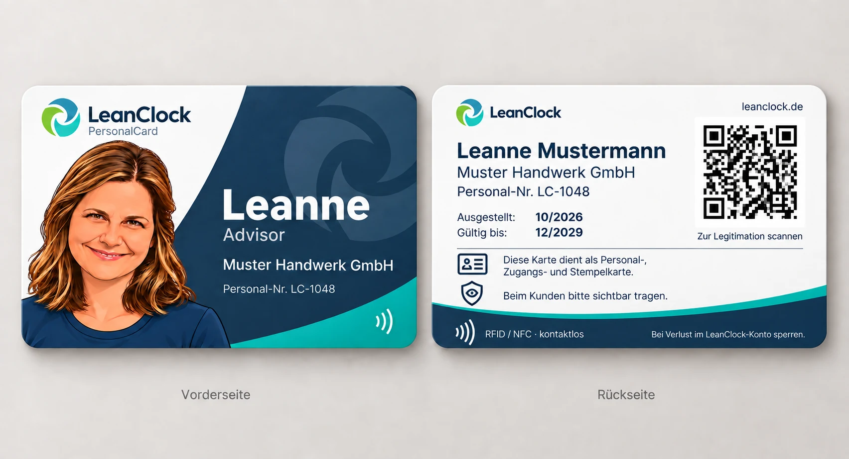 LeanClock PersonalCard Standarddesign 1 mit Vorder- und Rückseitenreferenz