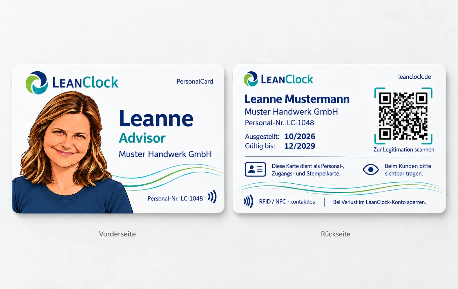 LeanClock PersonalCard Standarddesign 2 mit Vorder- und Rückseitenreferenz