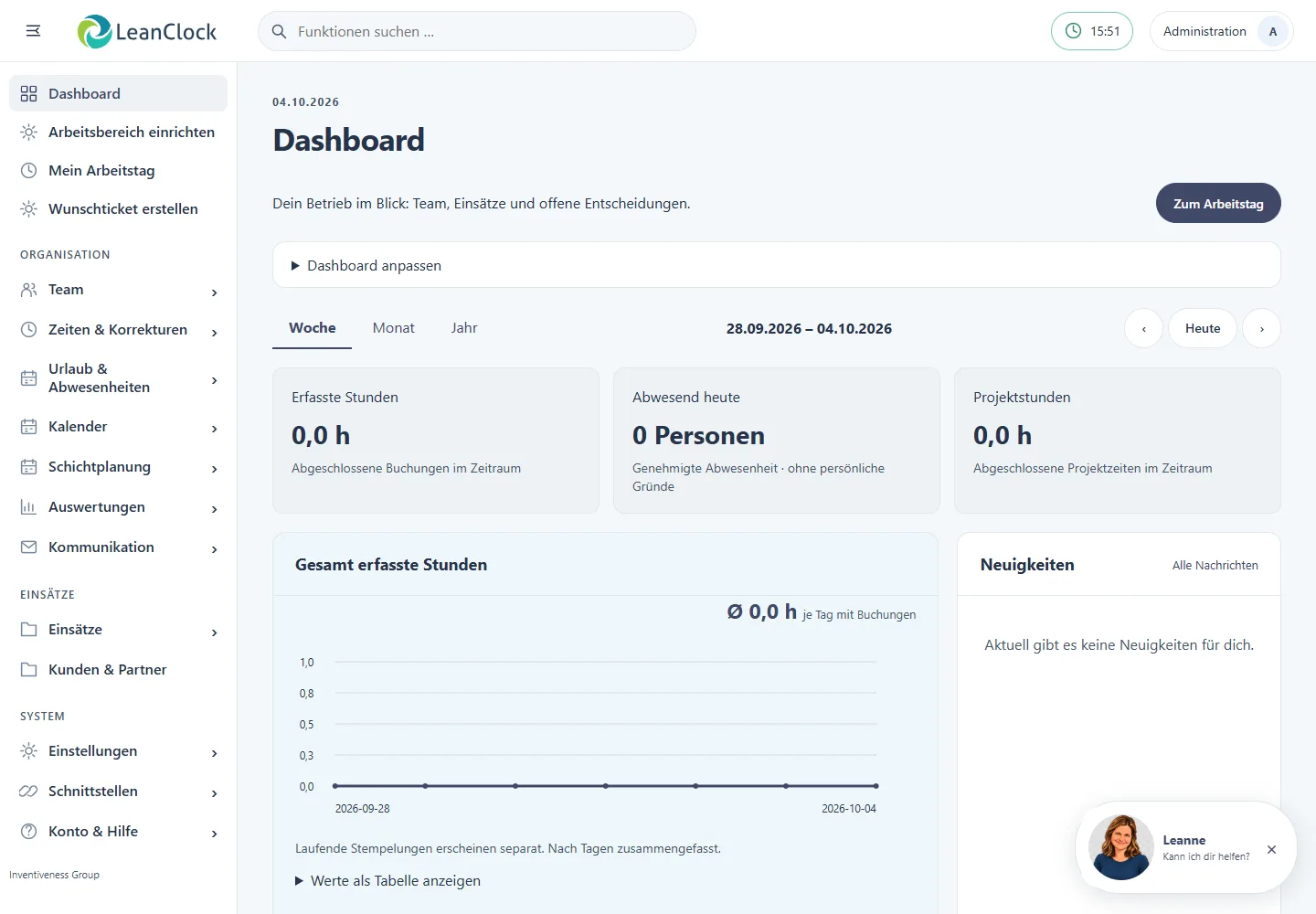 LeanClock-Dashboard mit Zeitübersicht, Einsätzen und Teamnavigation