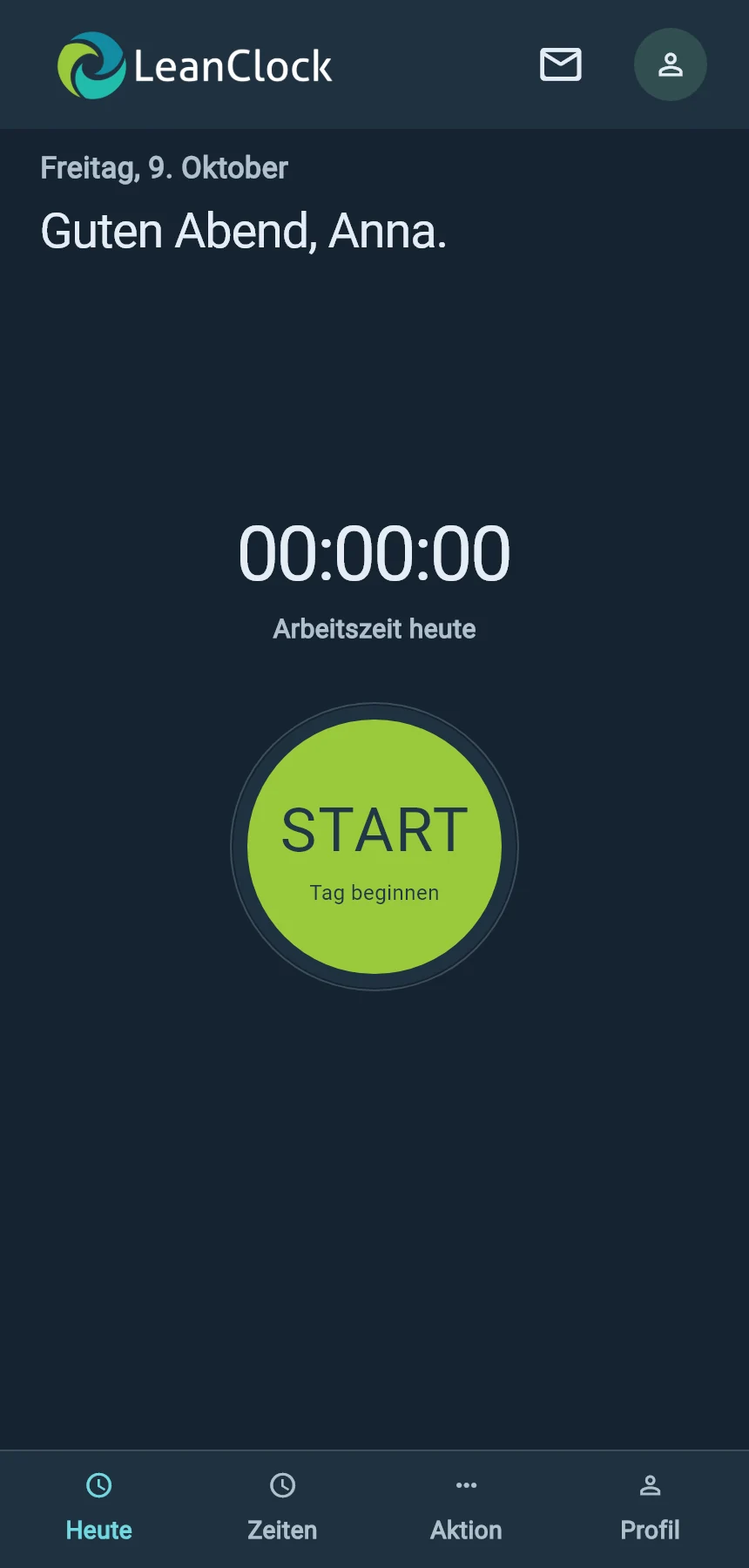 Dunkle native LeanClock-App mit Startknopf und den Menüs Heute, Zeiten, Aktion und Profil