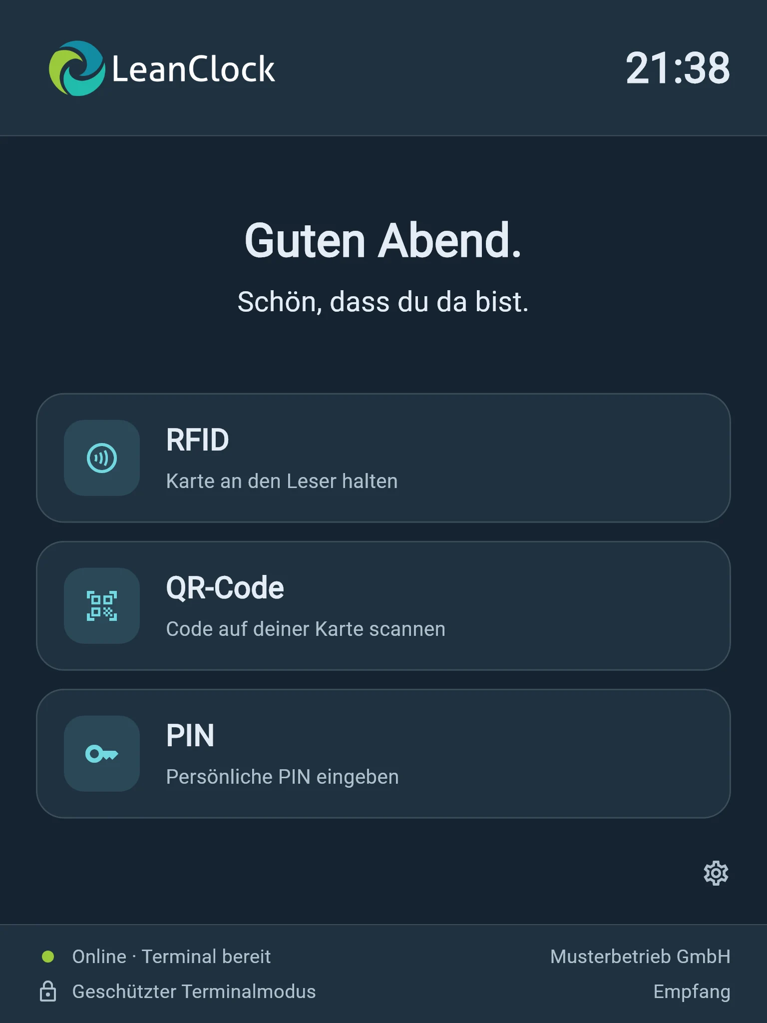 Dunkles LeanClock-Terminal mit Anmeldung per RFID, QR-Code und sechsstelliger PIN